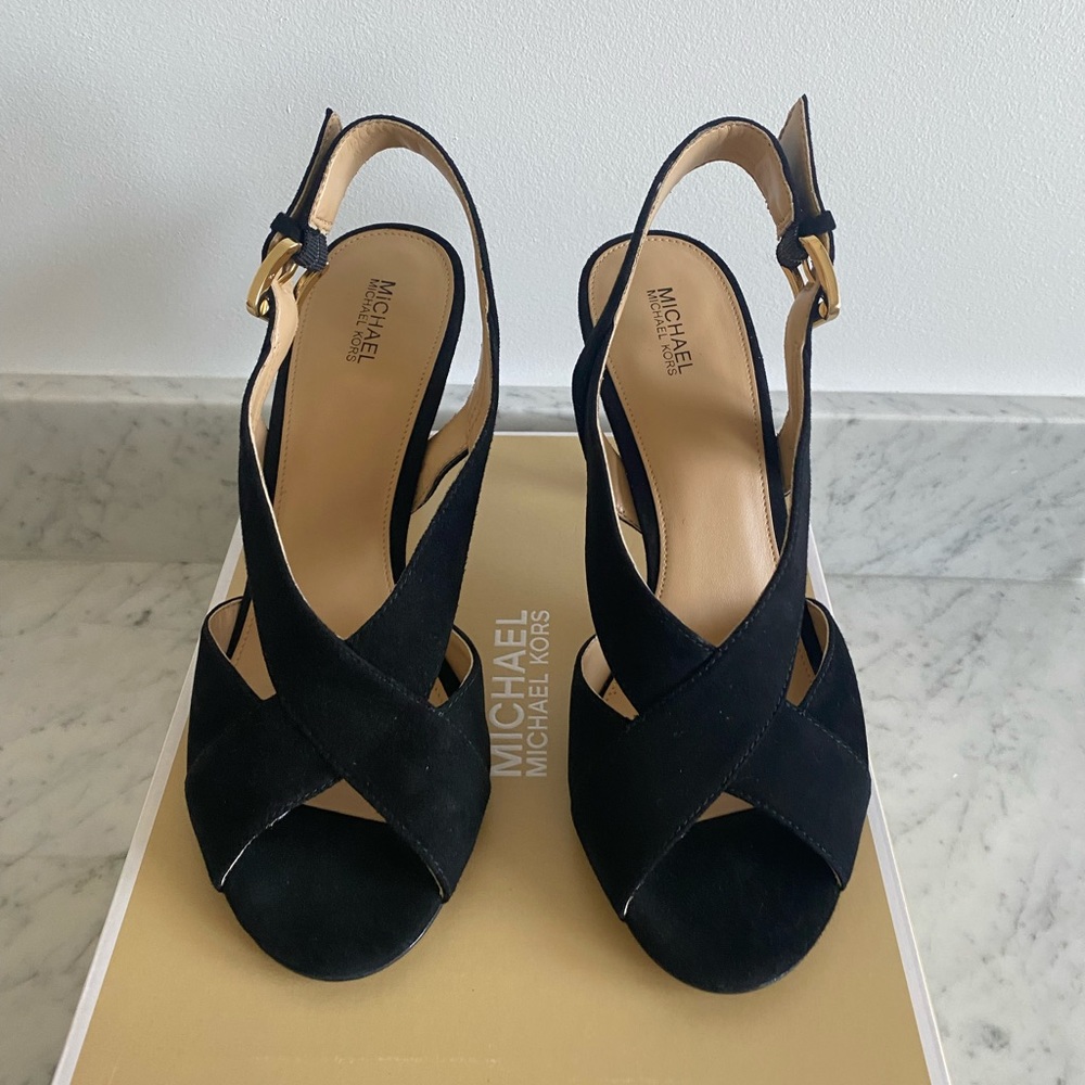 Michael Kors suede sling back open toe heels. New. Never worn
